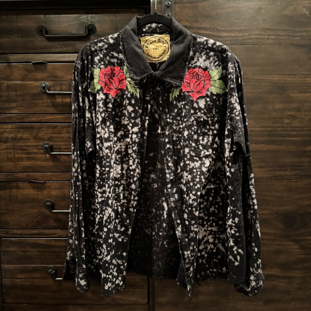 A Rare Bird Flannel Top with Red Rose Embroidery